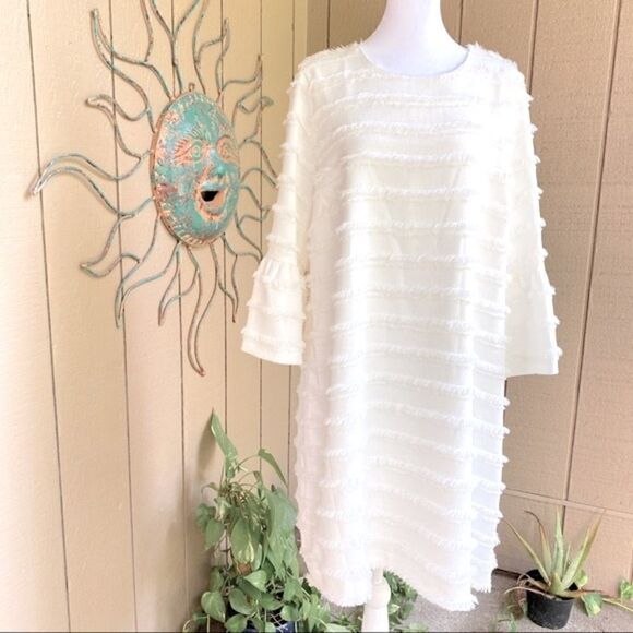 ALFANI IVORY TIERED FRINGE BELL SLEEVE SHIFT DRESS 14 NEW - Picture 3 of 15